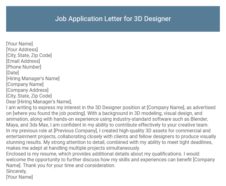 Job Application Letter for 3D Designer