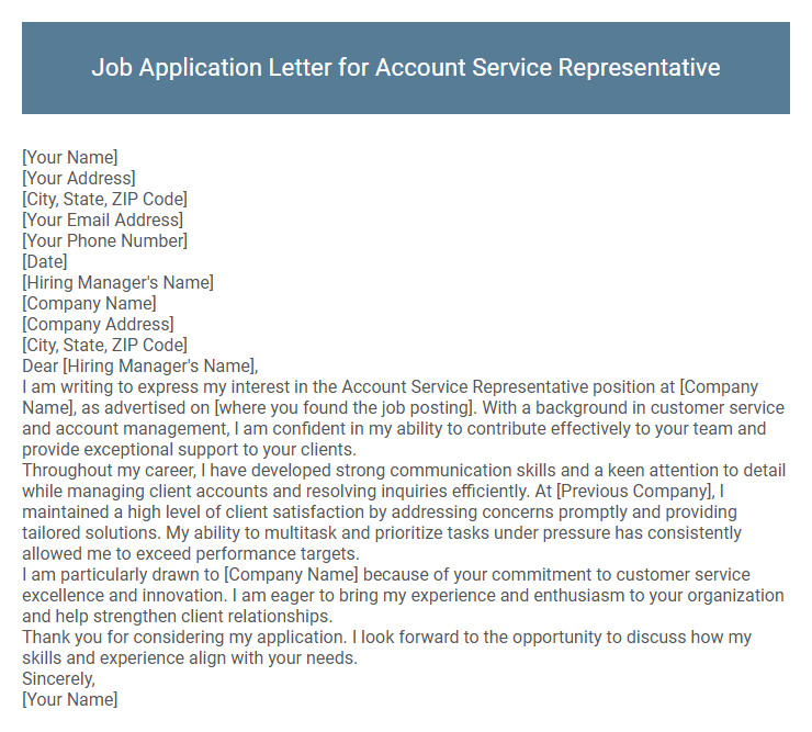 Job Application Letter for Account Service Representative