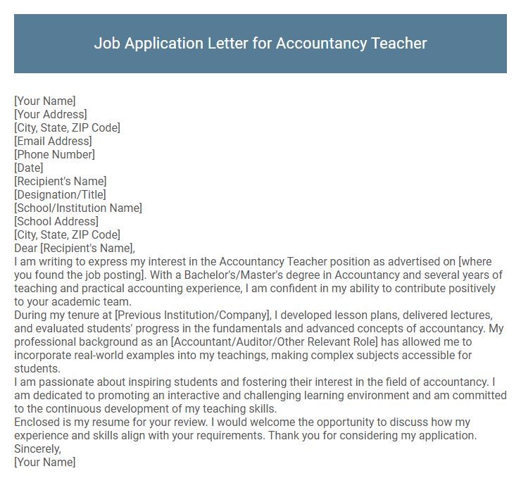 Job Application Letter for Accountancy Teacher