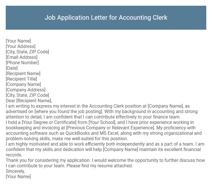 Job Application Letter for Accounting Clerk
