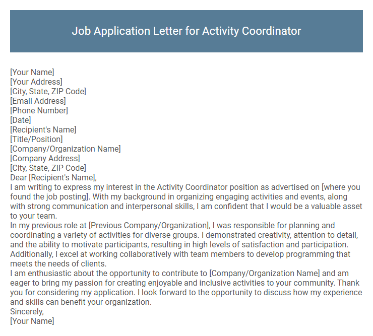 Job Application Letter for Activity Coordinator