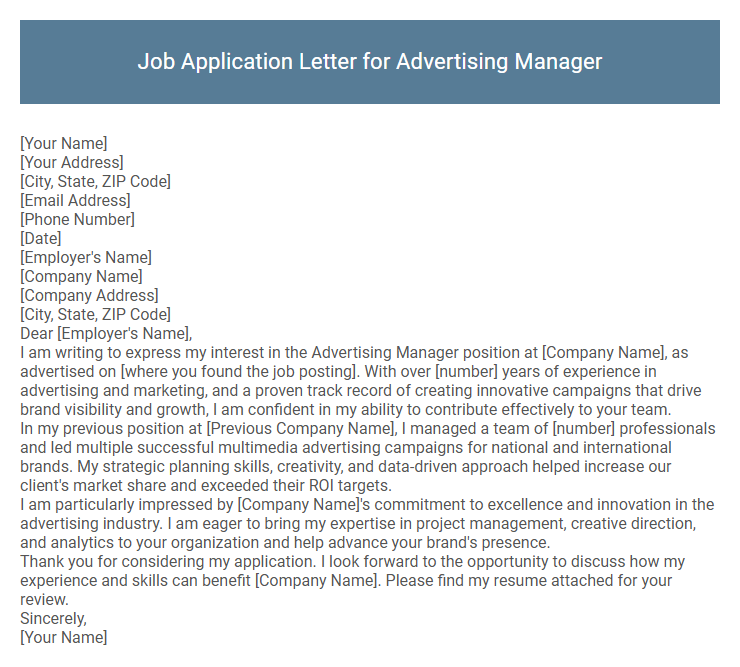 Job Application Letter for Advertising Manager