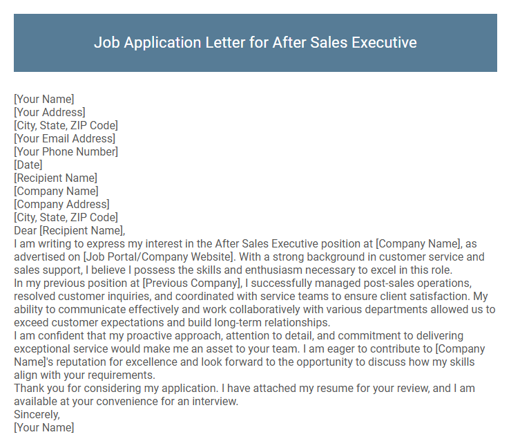 Job Application Letter for After Sales Executive