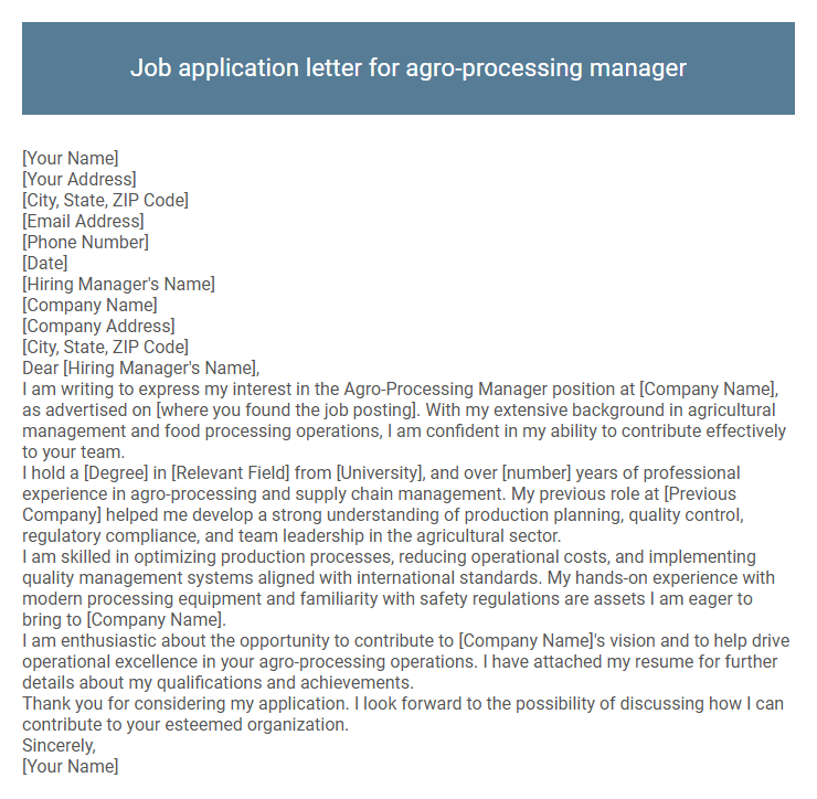 Job application letter for agro-processing manager