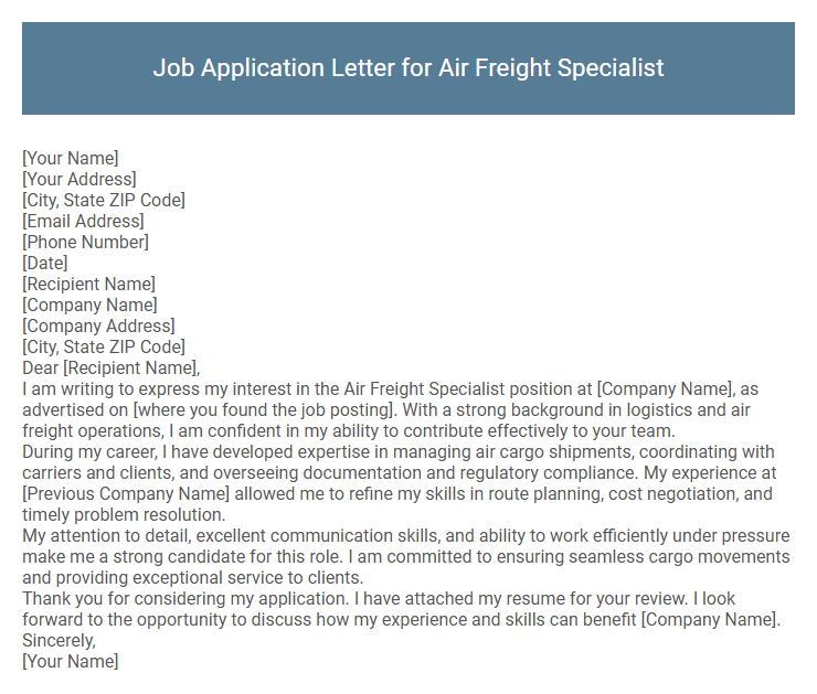 Job Application Letter for Air Freight Specialist