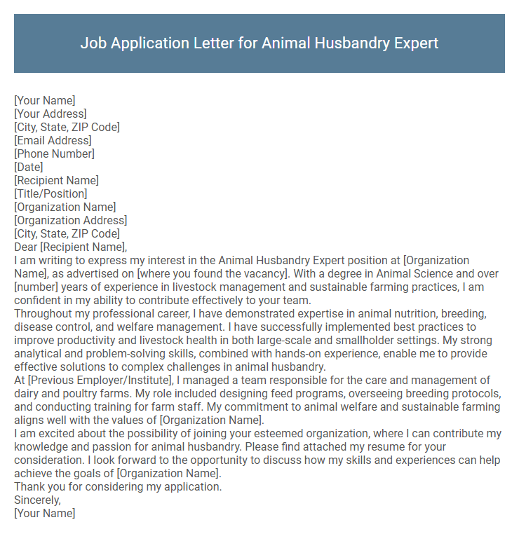 Job Application Letter for Animal Husbandry Expert