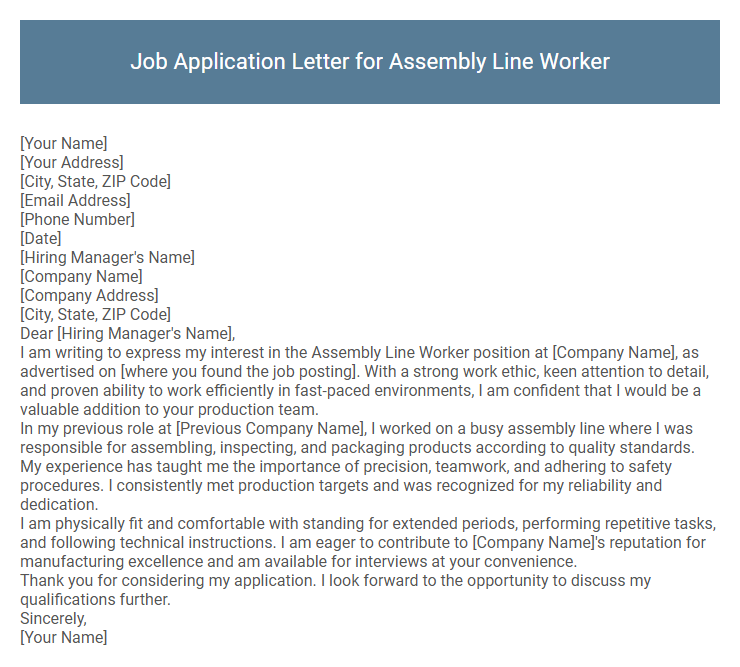 Job Application Letter for Assembly Line Worker