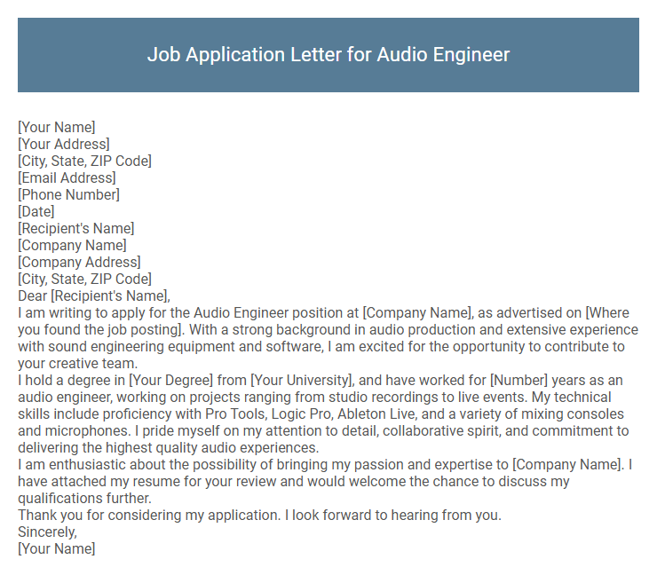 Job Application Letter for Audio Engineer
