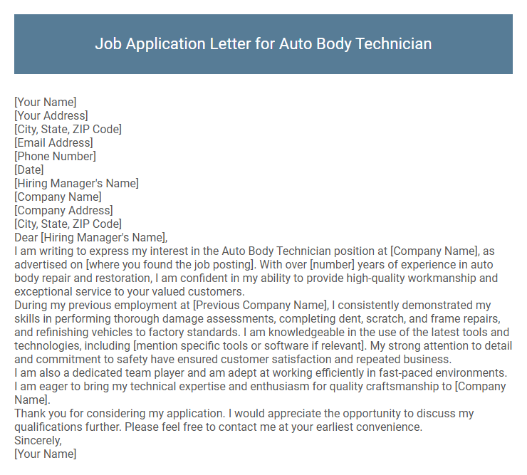 Job Application Letter for Auto Body Technician
