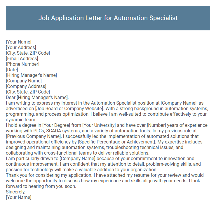 Job Application Letter for Automation Specialist