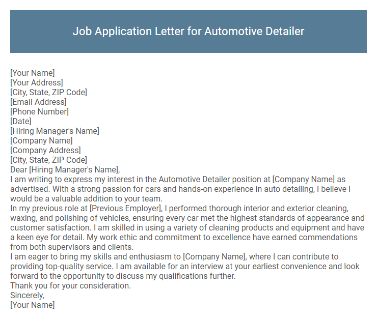 Job Application Letter for Automotive Detailer