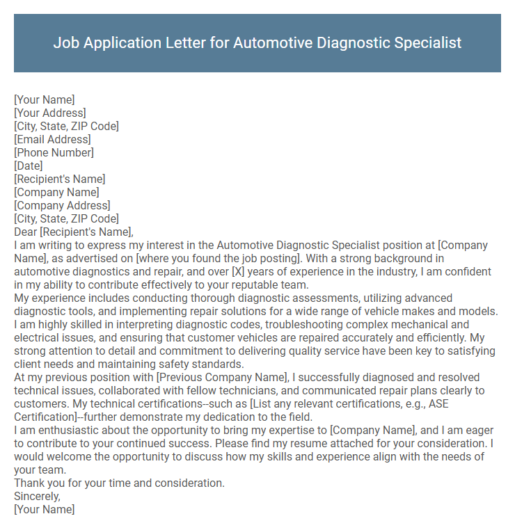 Job Application Letter for Automotive Diagnostic Specialist