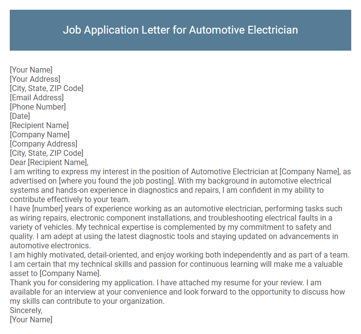 Job Application Letter for Automotive Electrician