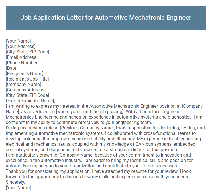 Job Application Letter for Automotive Mechatronic Engineer