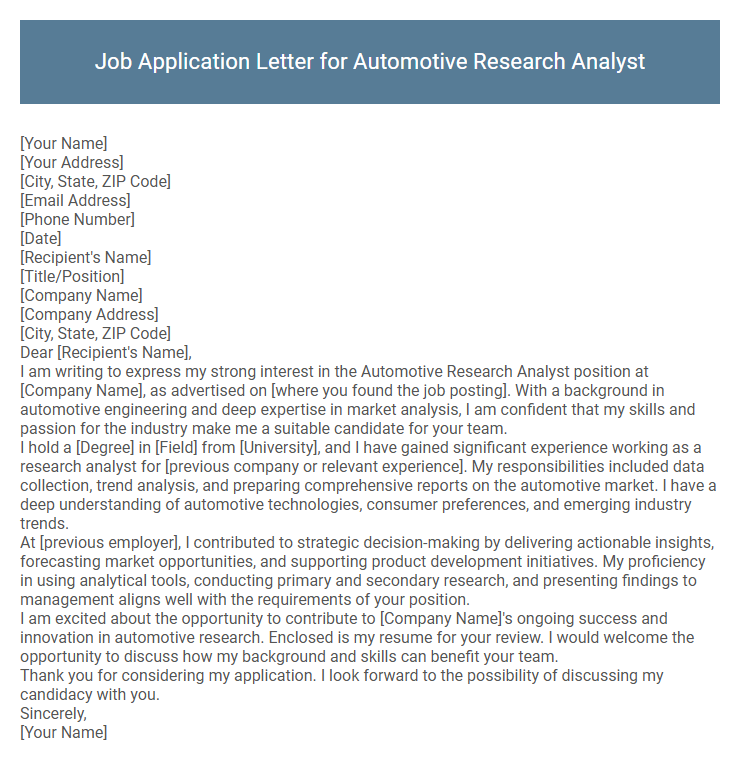 Job Application Letter for Automotive Research Analyst