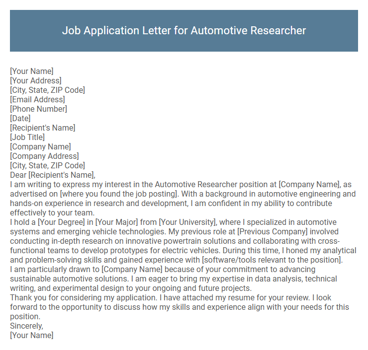 Job Application Letter for Automotive Researcher