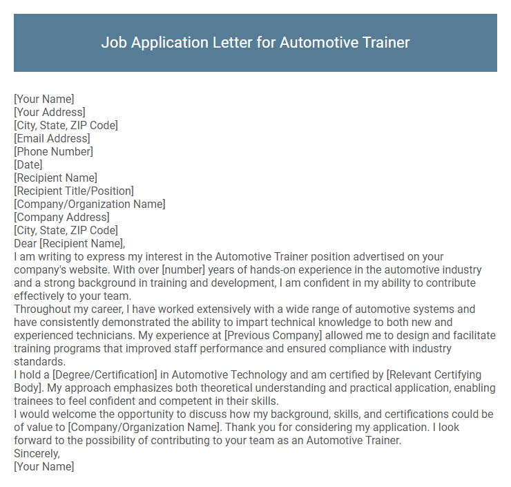 Job Application Letter for Automotive Trainer