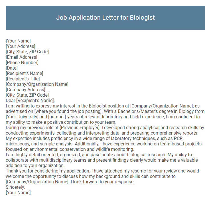 Job Application Letter for Biologist