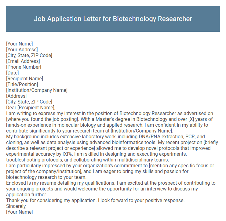 Job Application Letter for Biotechnology Researcher