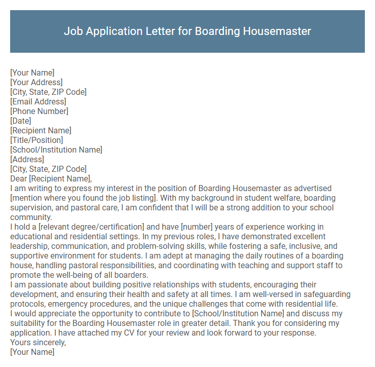 Job Application Letter for Boarding Housemaster