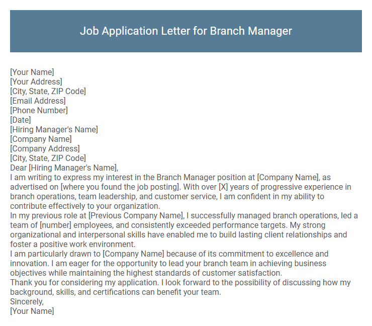 Job Application Letter for Branch Manager