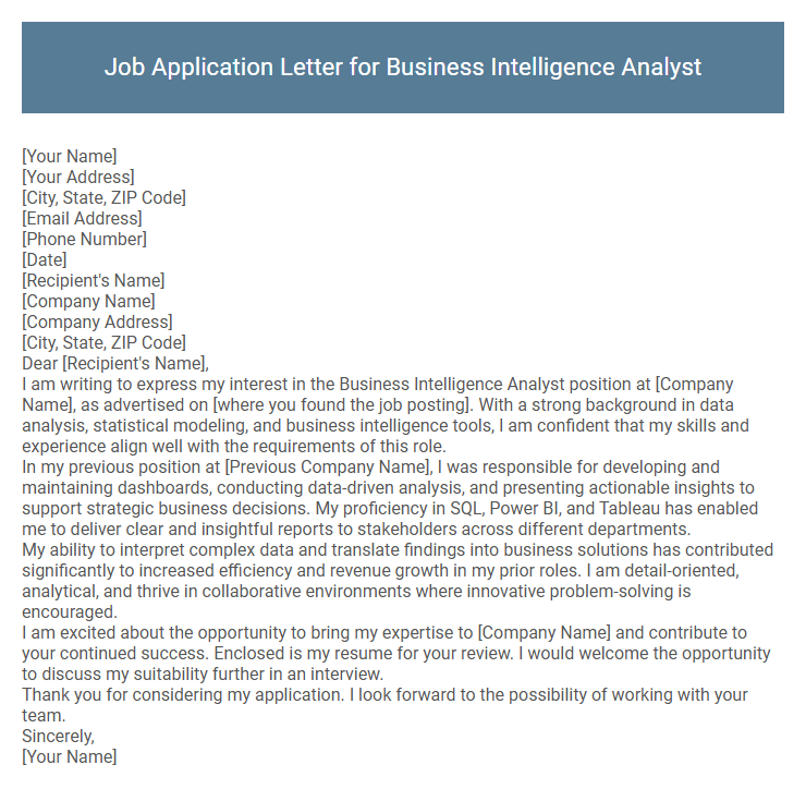 Job Application Letter for Business Intelligence Analyst