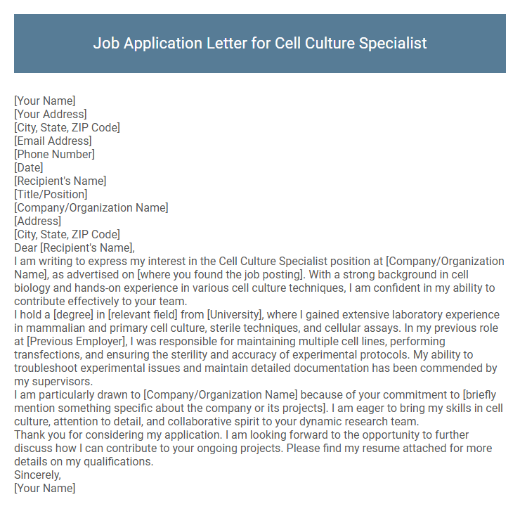 Job Application Letter for Cell Culture Specialist
