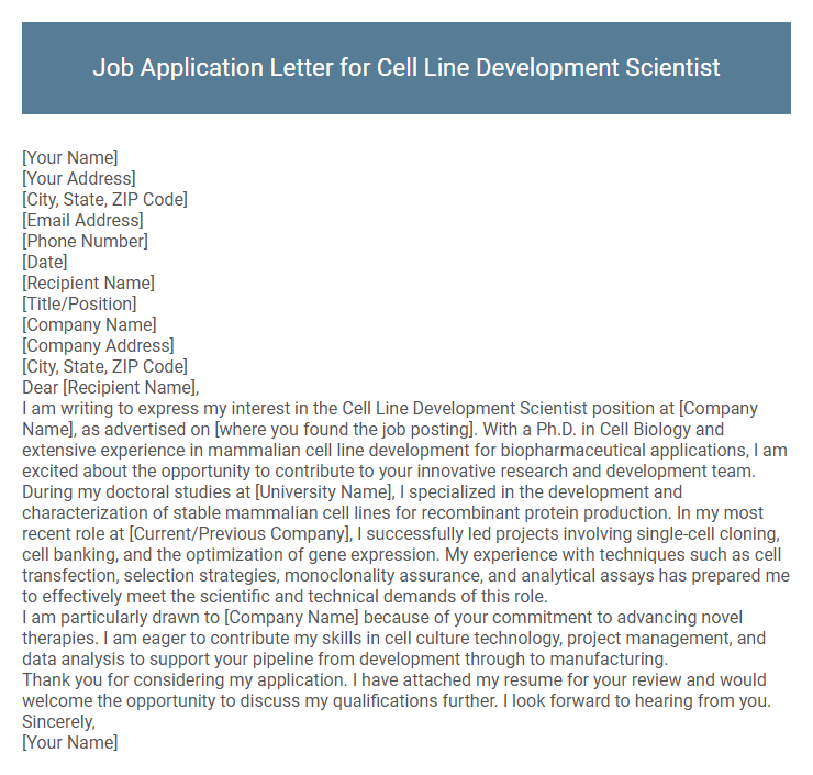 Job Application Letter for Cell Line Development Scientist