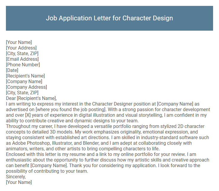 Job Application Letter for Character Design