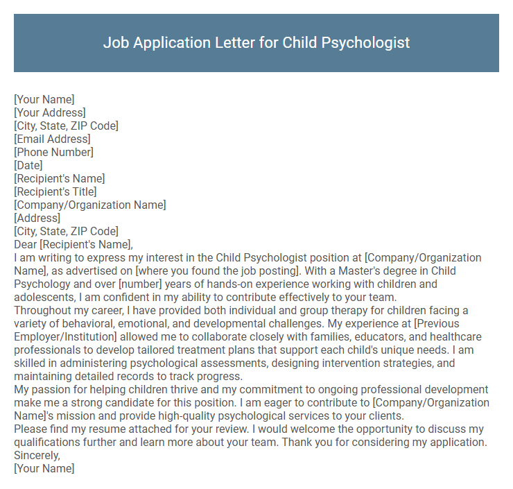 Job Application Letter for Child Psychologist