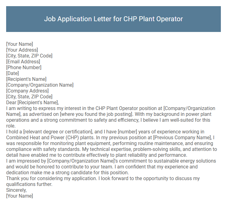 Job Application Letter for CHP Plant Operator