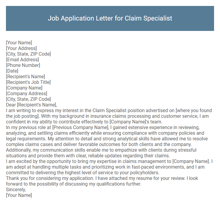 Job Application Letter for Claim Specialist