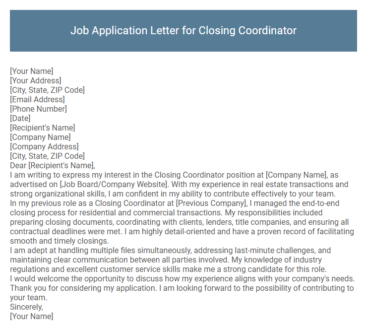 Job Application Letter for Closing Coordinator