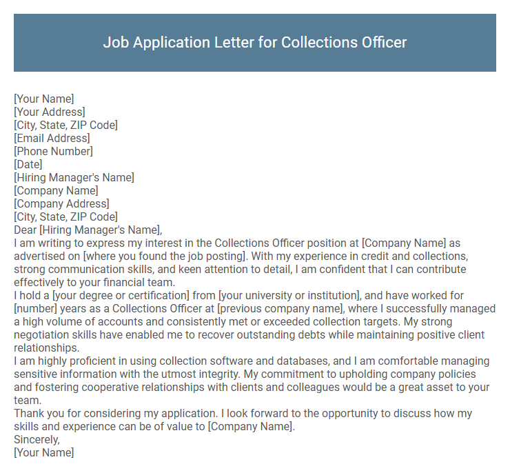 Job Application Letter for Collections Officer