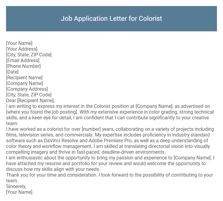 Job Application Letter for Colorist
