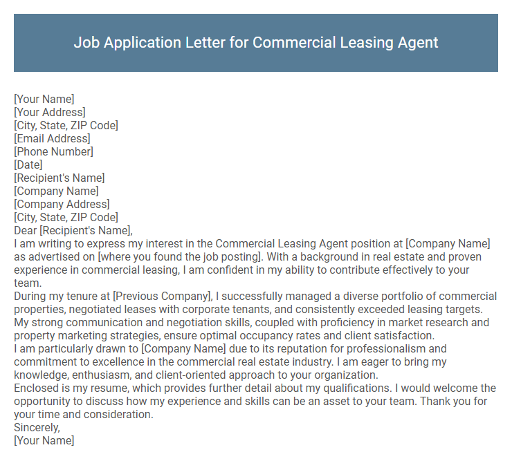 Job Application Letter for Commercial Leasing Agent