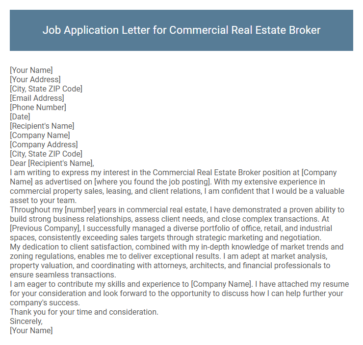 Job Application Letter for Commercial Real Estate Broker