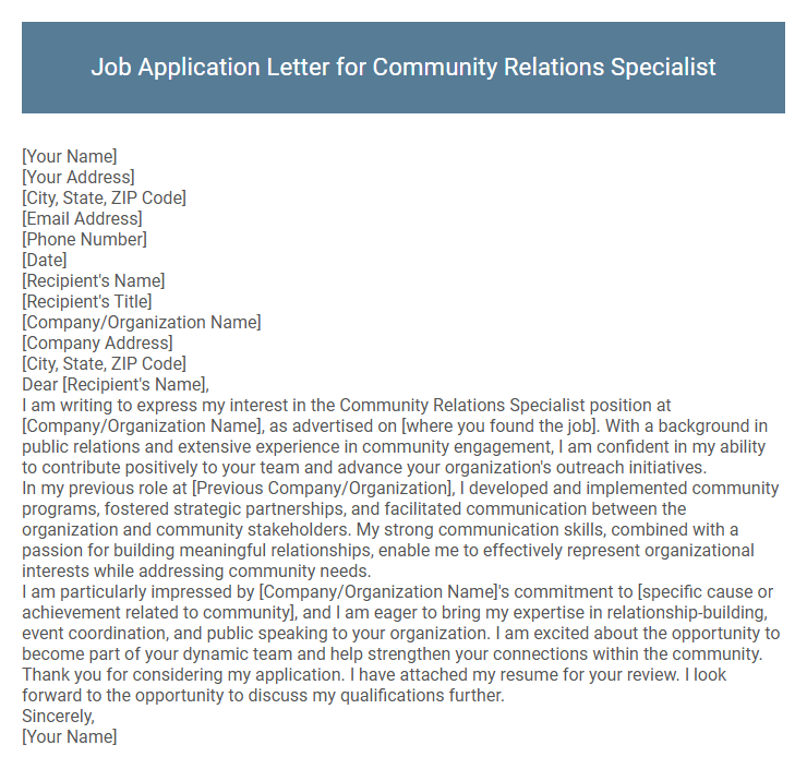 Job Application Letter for Community Relations Specialist