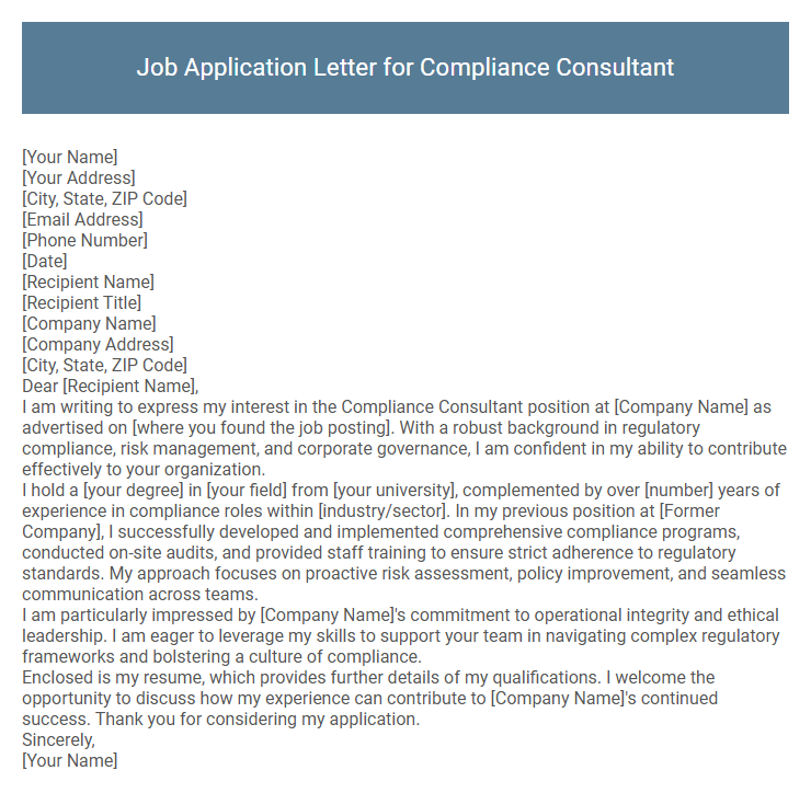 Job Application Letter for Compliance Consultant