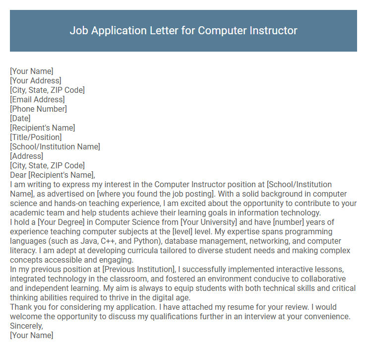 Job Application Letter for Computer Instructor