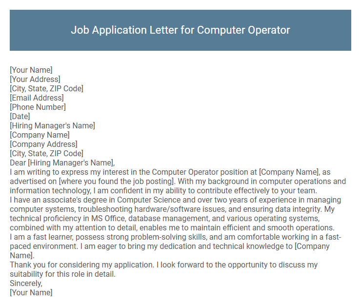 Job Application Letter for Computer Operator