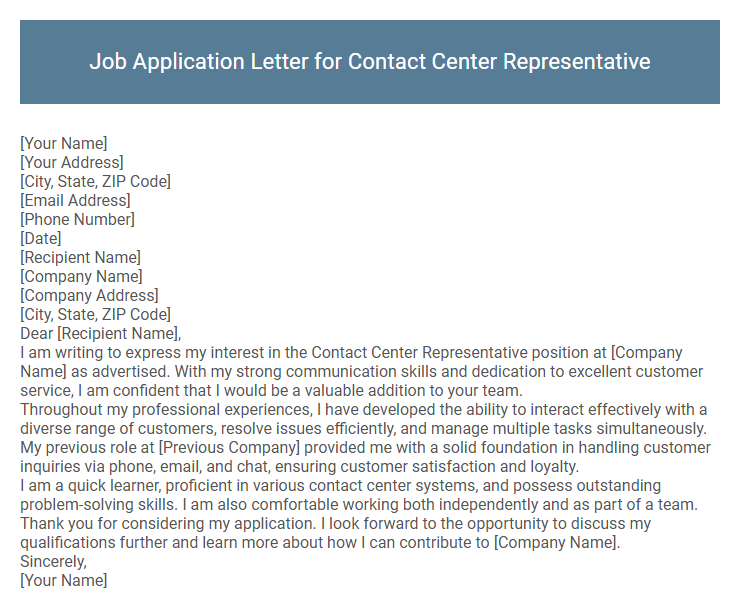 Job Application Letter for Contact Center Representative