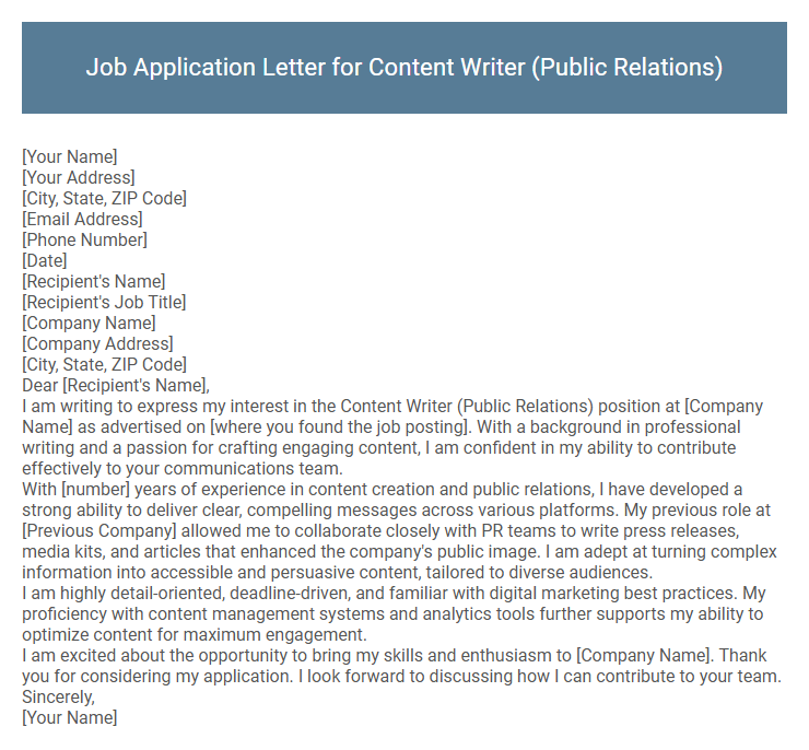 Job Application Letter for Content Writer (Public Relations)