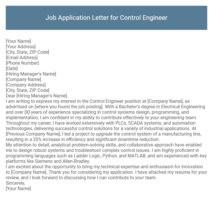 Job Application Letter for Control Engineer