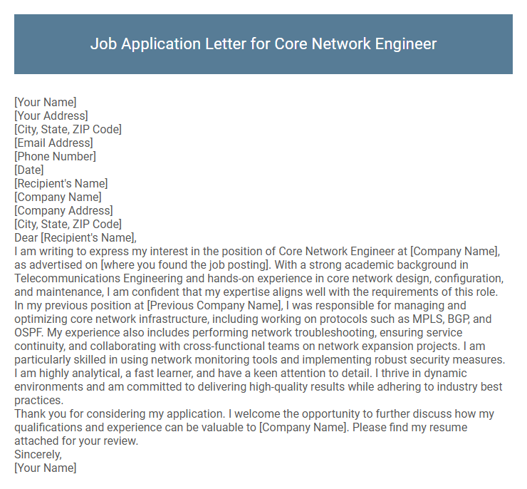 Job Application Letter for Core Network Engineer