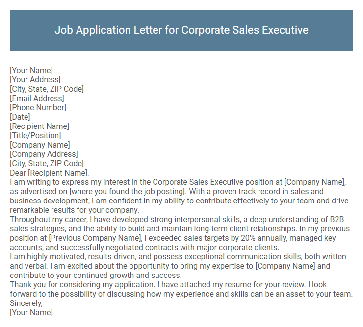 Job Application Letter for Corporate Sales Executive