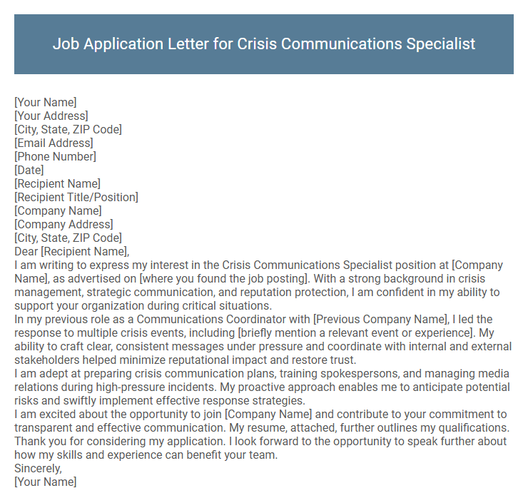 Job Application Letter for Crisis Communications Specialist