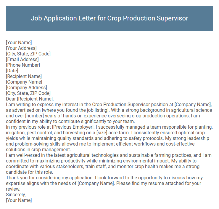 Job Application Letter for Crop Production Supervisor