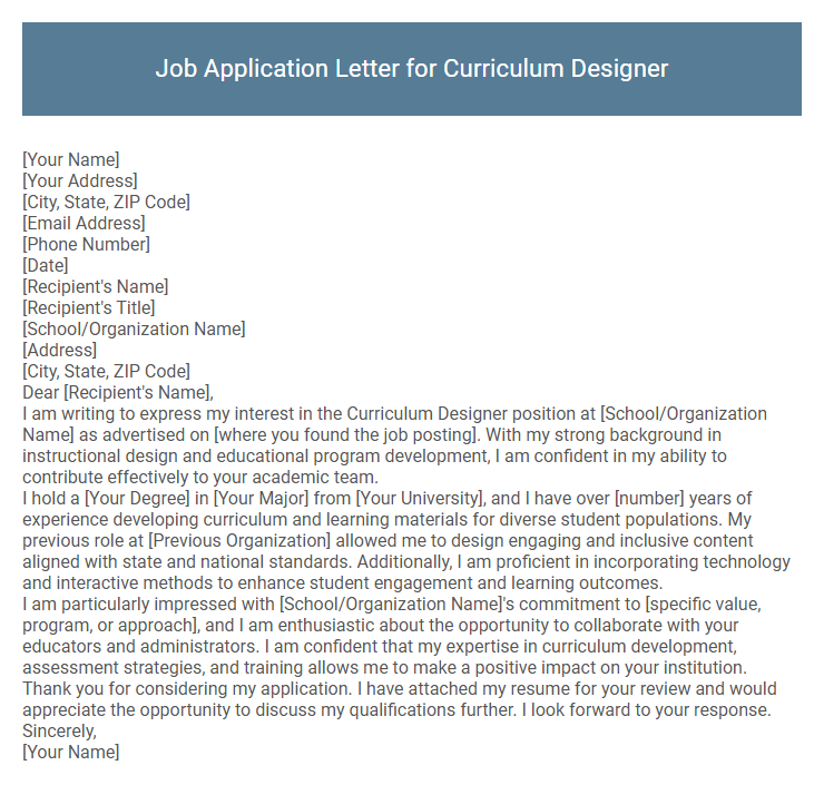 Job Application Letter for Curriculum Designer