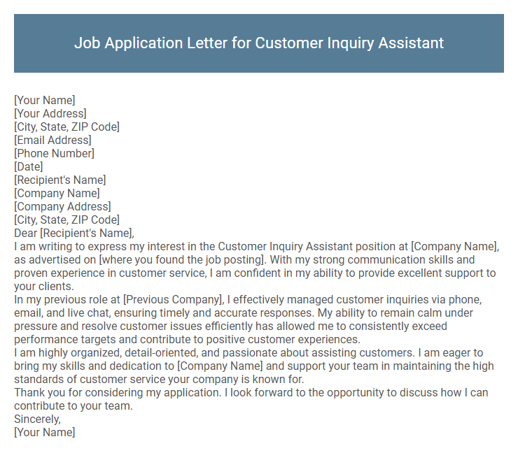 Job Application Letter for Customer Inquiry Assistant